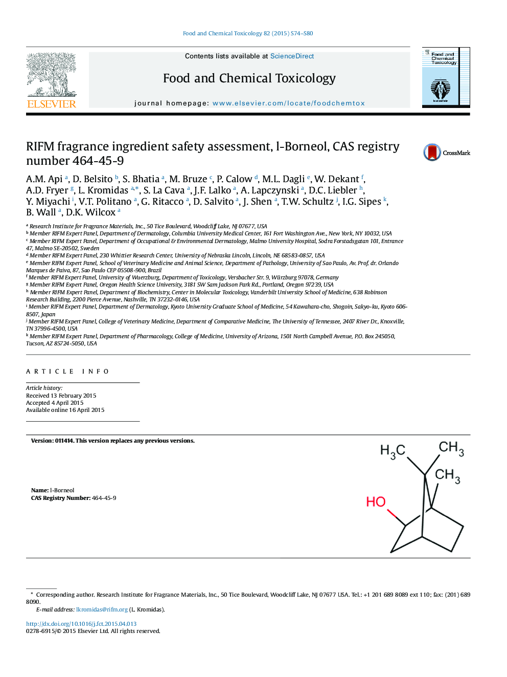 RIFM fragrance ingredient safety assessment, l-Borneol, CAS registry number 464-45-9