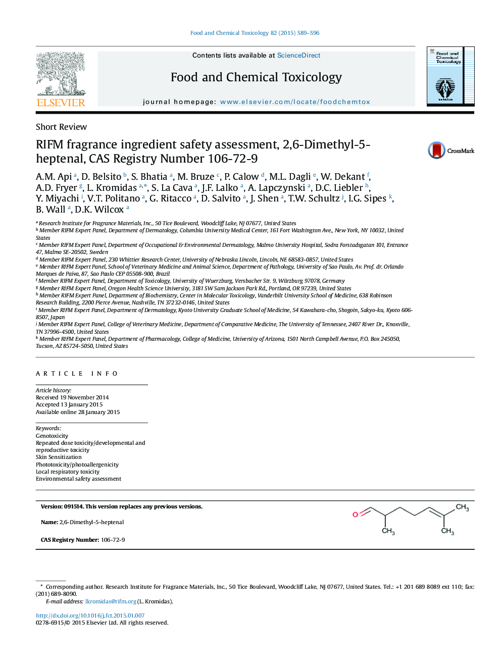 RIFM fragrance ingredient safety assessment, 2,6-Dimethyl-5-heptenal, CAS Registry Number 106-72-9