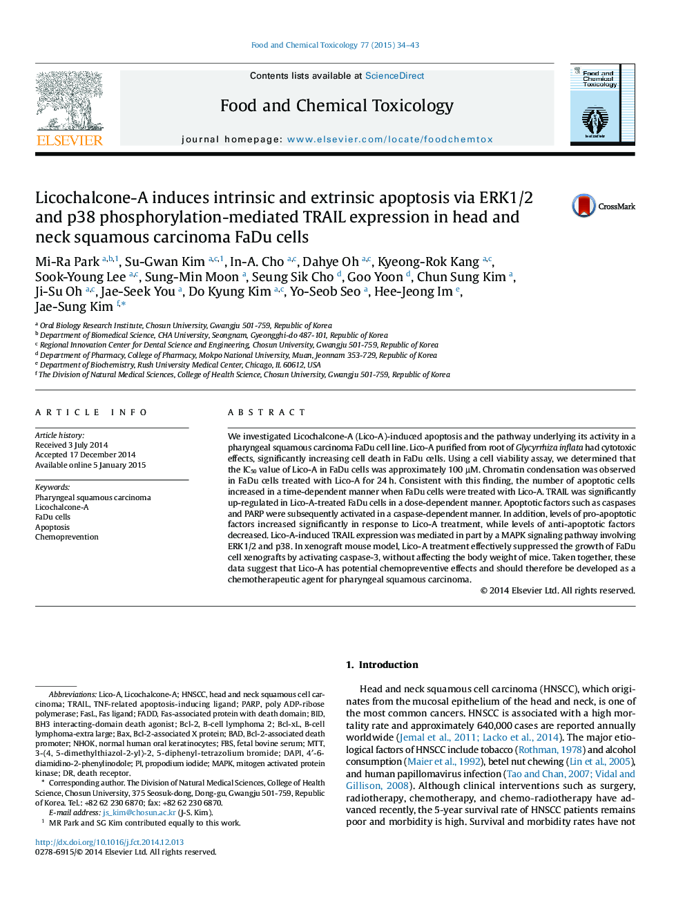 Licochalcone-A induces intrinsic and extrinsic apoptosis via ERK1/2 and p38 phosphorylation-mediated TRAIL expression in head and neck squamous carcinoma FaDu cells