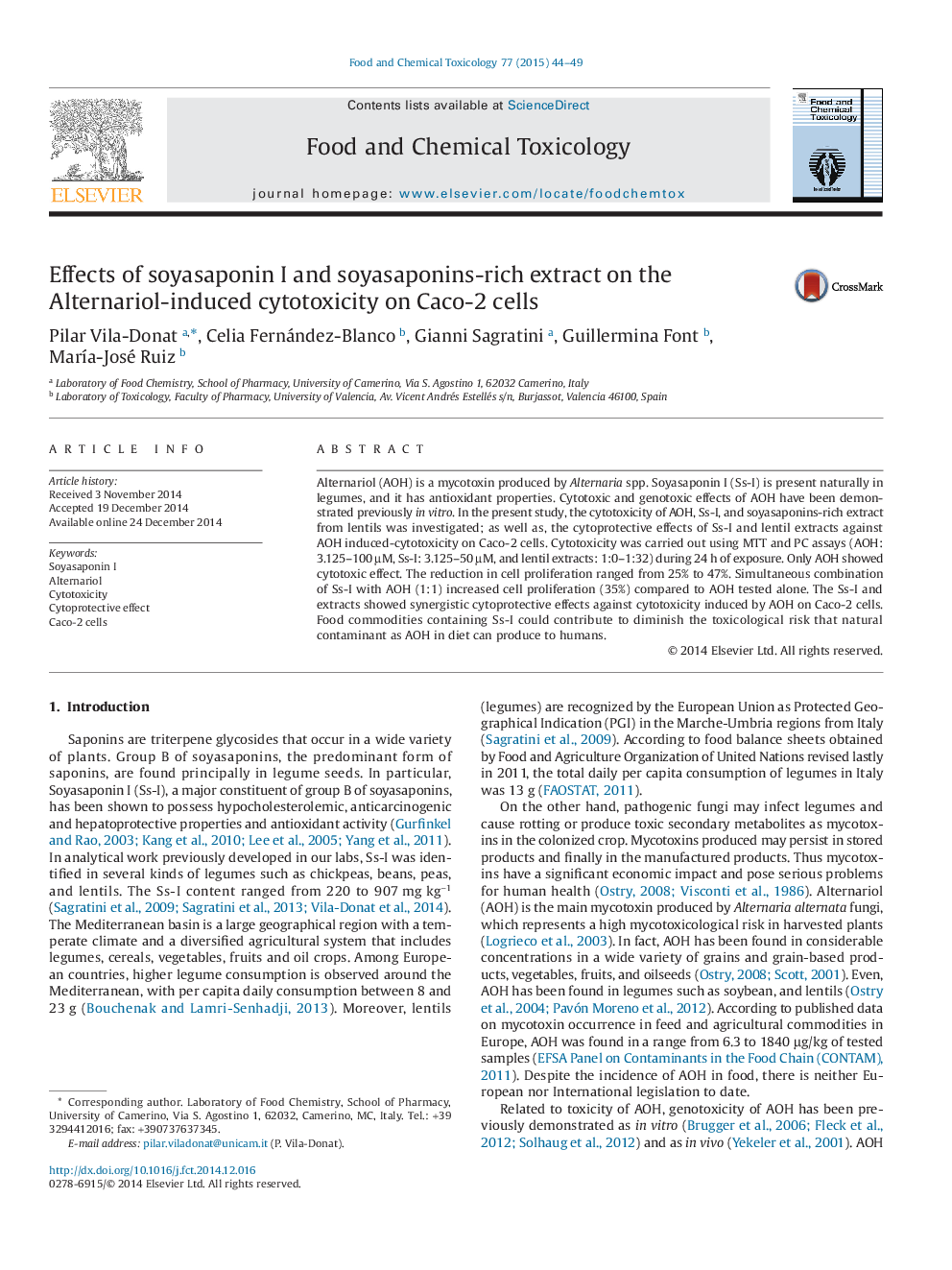 Effects of soyasaponin I and soyasaponins-rich extract on the Alternariol-induced cytotoxicity on Caco-2 cells