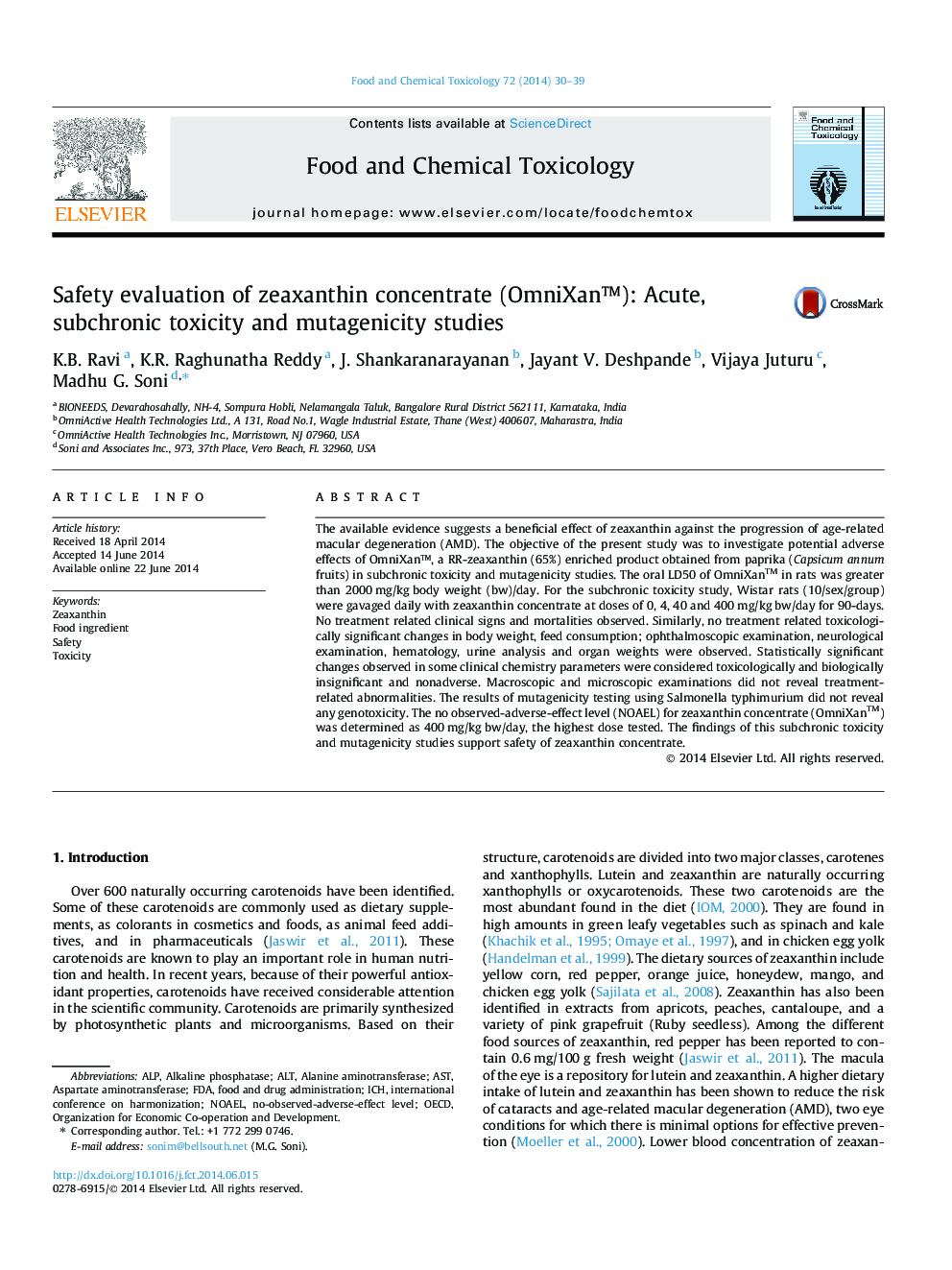 Safety evaluation of zeaxanthin concentrate (OmniXan™): Acute, subchronic toxicity and mutagenicity studies