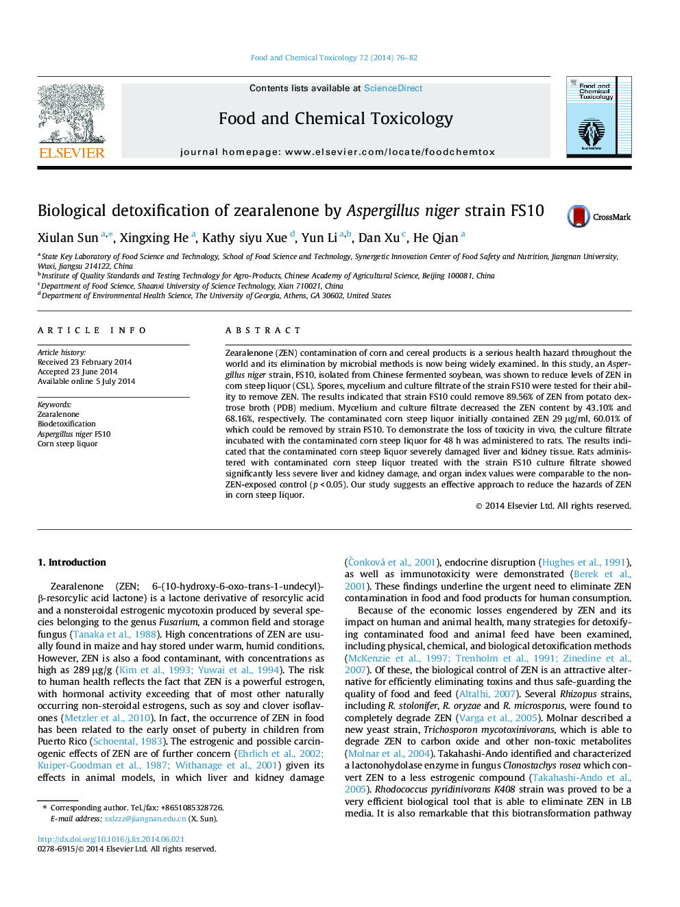 Biological detoxification of zearalenone by Aspergillus niger strain FS10