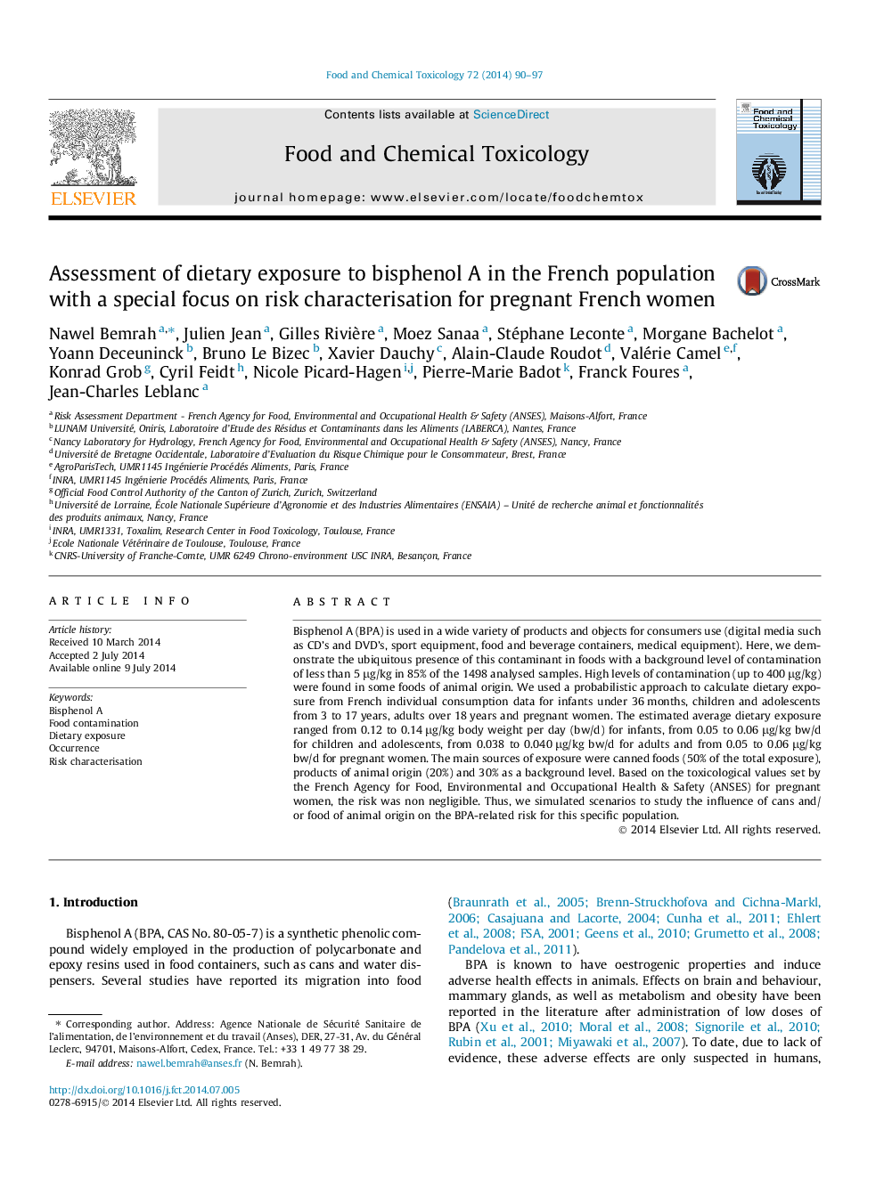 Assessment of dietary exposure to bisphenol A in the French population with a special focus on risk characterisation for pregnant French women