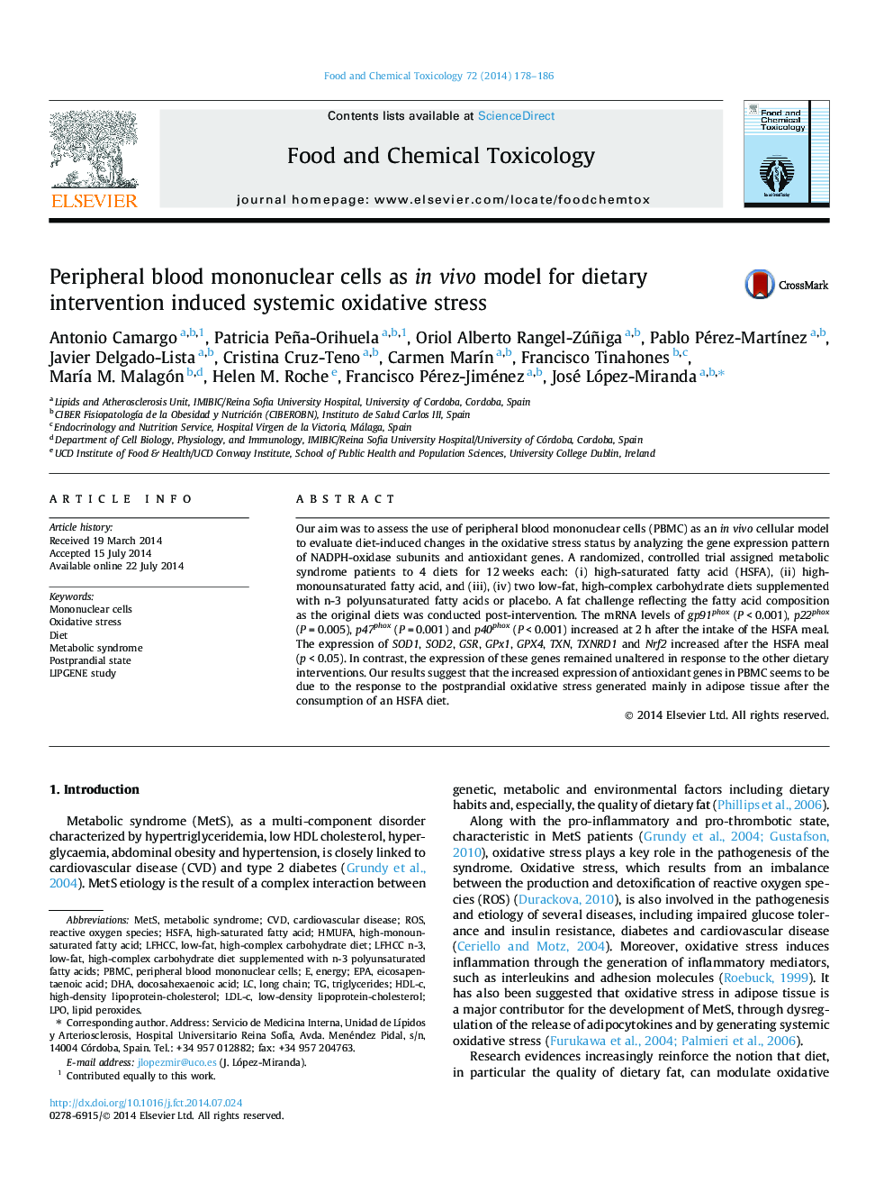 Peripheral blood mononuclear cells as in vivo model for dietary intervention induced systemic oxidative stress