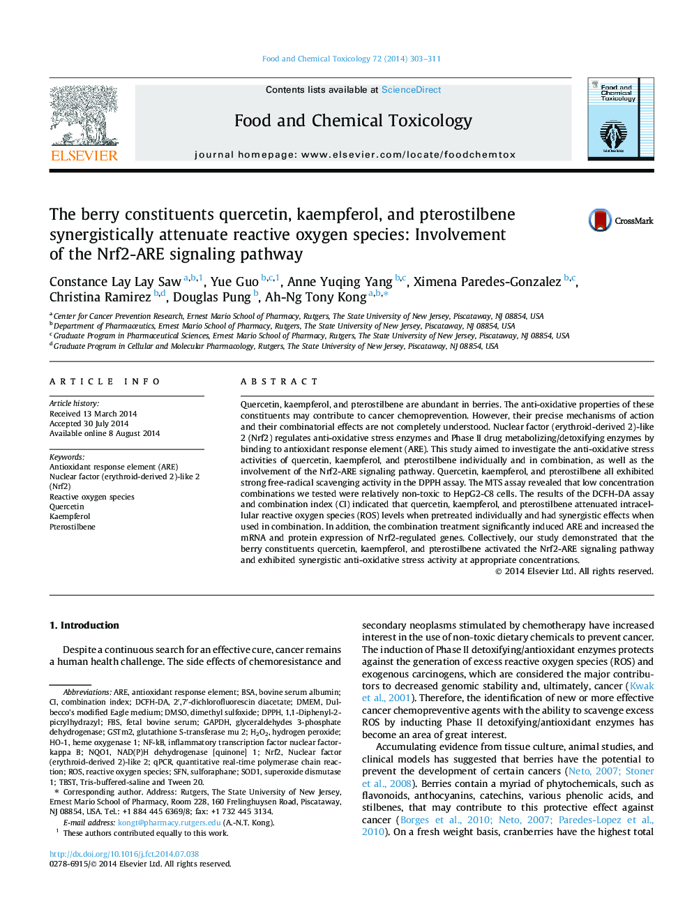 The berry constituents quercetin, kaempferol, and pterostilbene synergistically attenuate reactive oxygen species: Involvement of the Nrf2-ARE signaling pathway