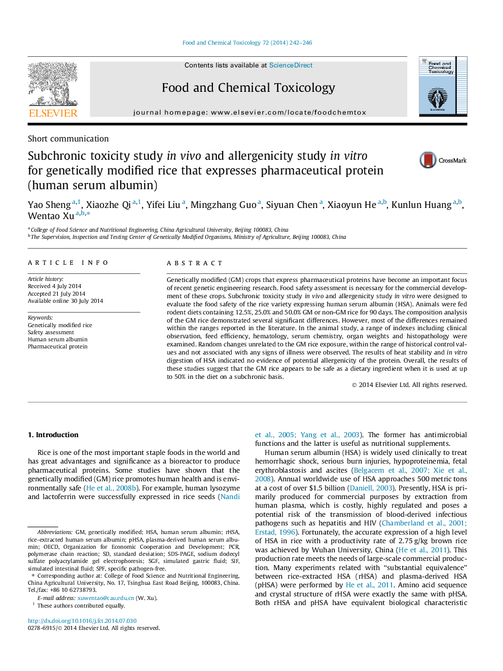 Subchronic toxicity study in vivo and allergenicity study in vitro for genetically modified rice that expresses pharmaceutical protein (human serum albumin)