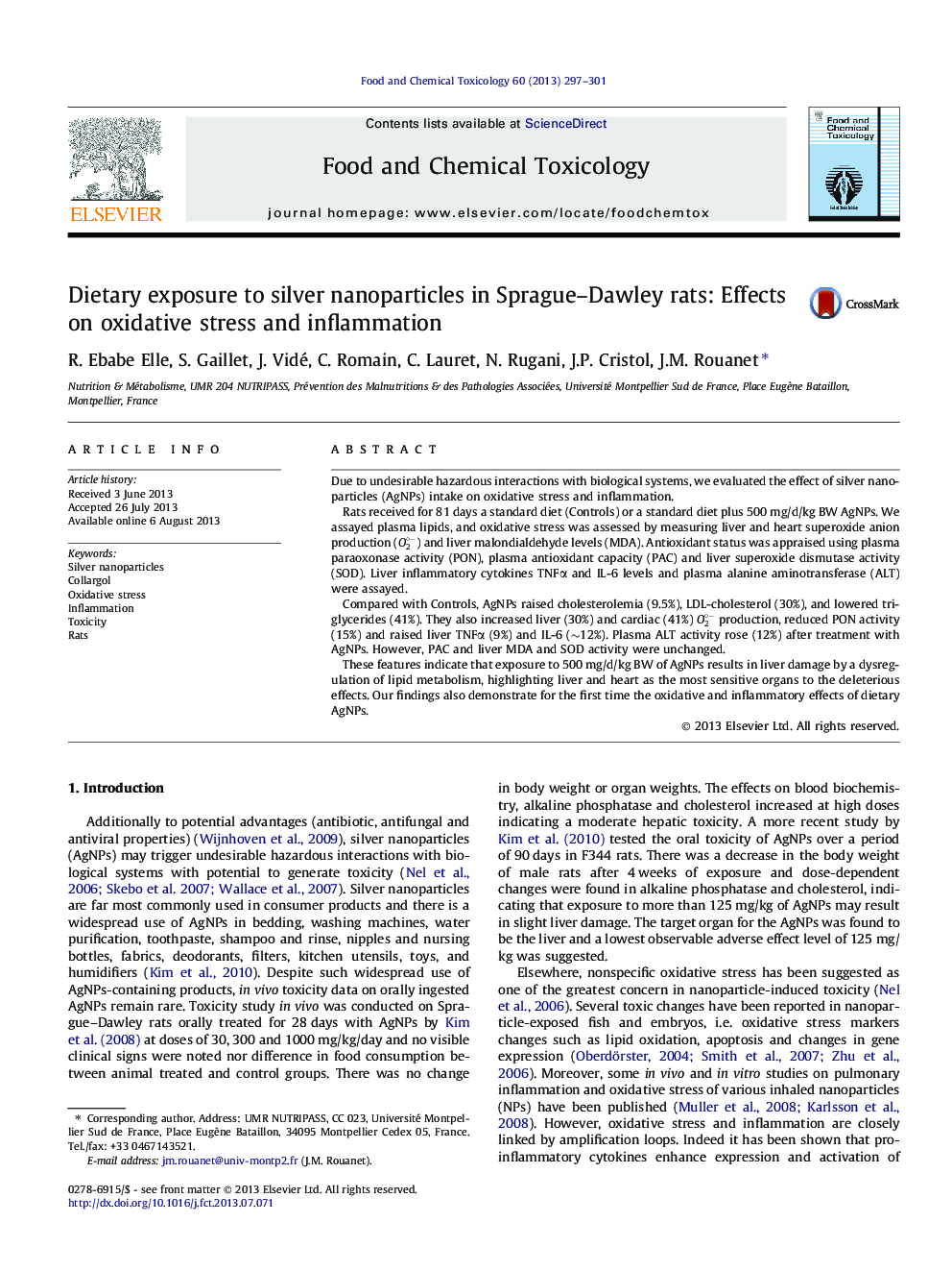 عکس صفحه اول مقاله: Dietary exposure to silver nanoparticles in Sprague–Dawley rats: Effects on oxidative stress and inflammation Dietary exposure to silver nanoparticles in Sprague–Dawley rats: Effects on oxidative stress and inflammation