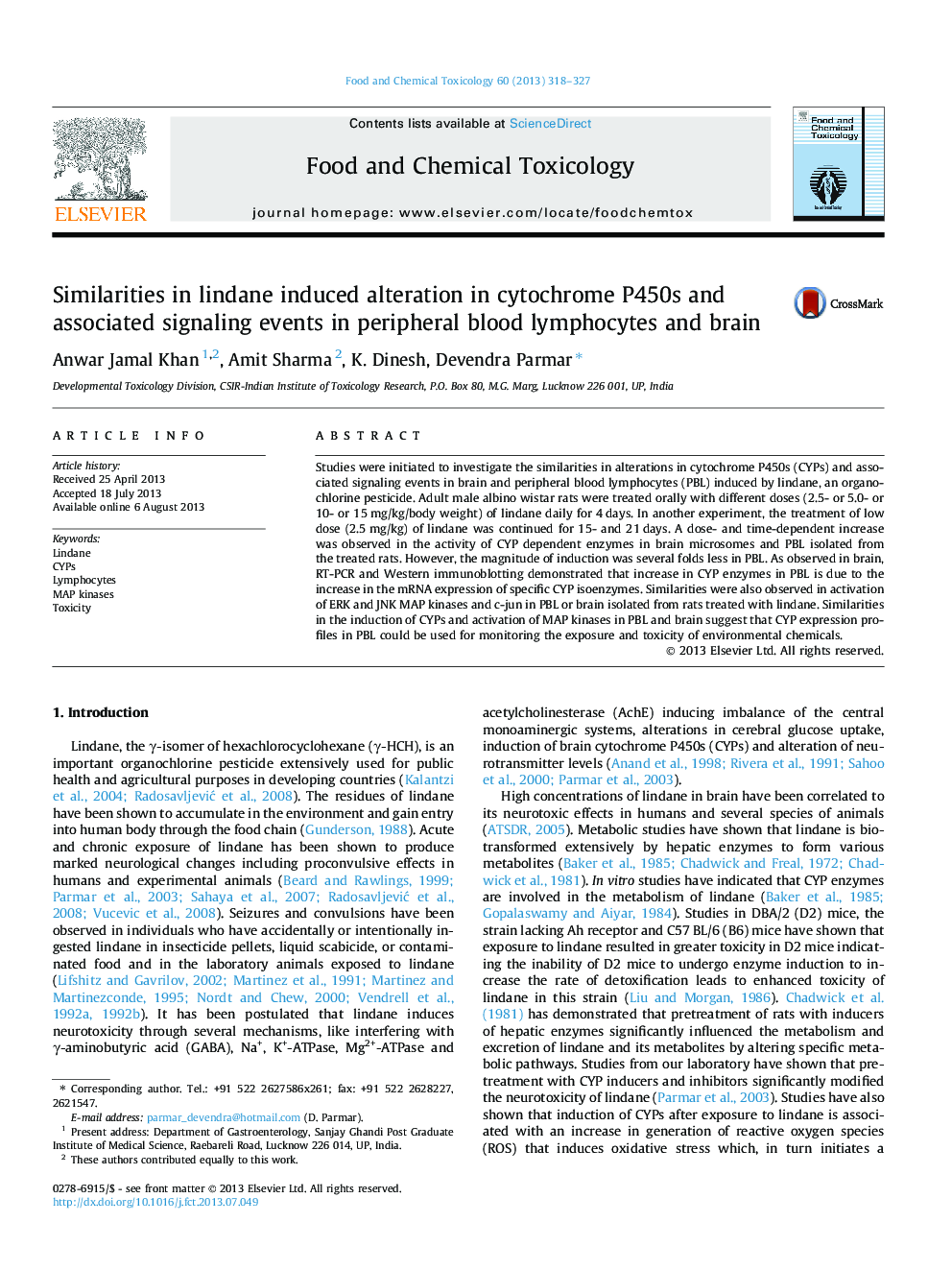 Similarities in lindane induced alteration in cytochrome P450s and associated signaling events in peripheral blood lymphocytes and brain