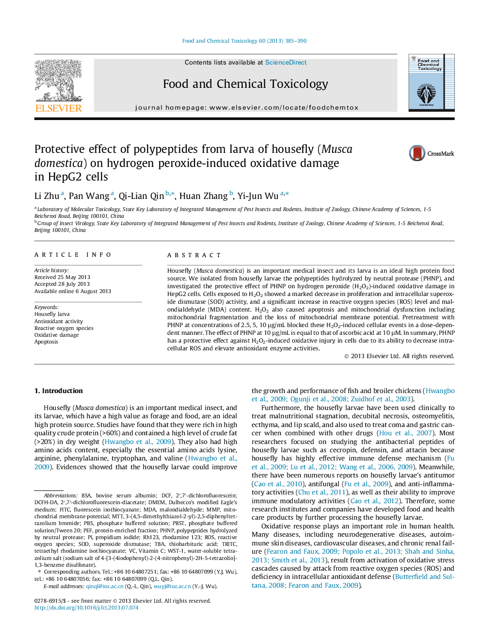 Protective effect of polypeptides from larva of housefly (Musca domestica) on hydrogen peroxide-induced oxidative damage in HepG2 cells