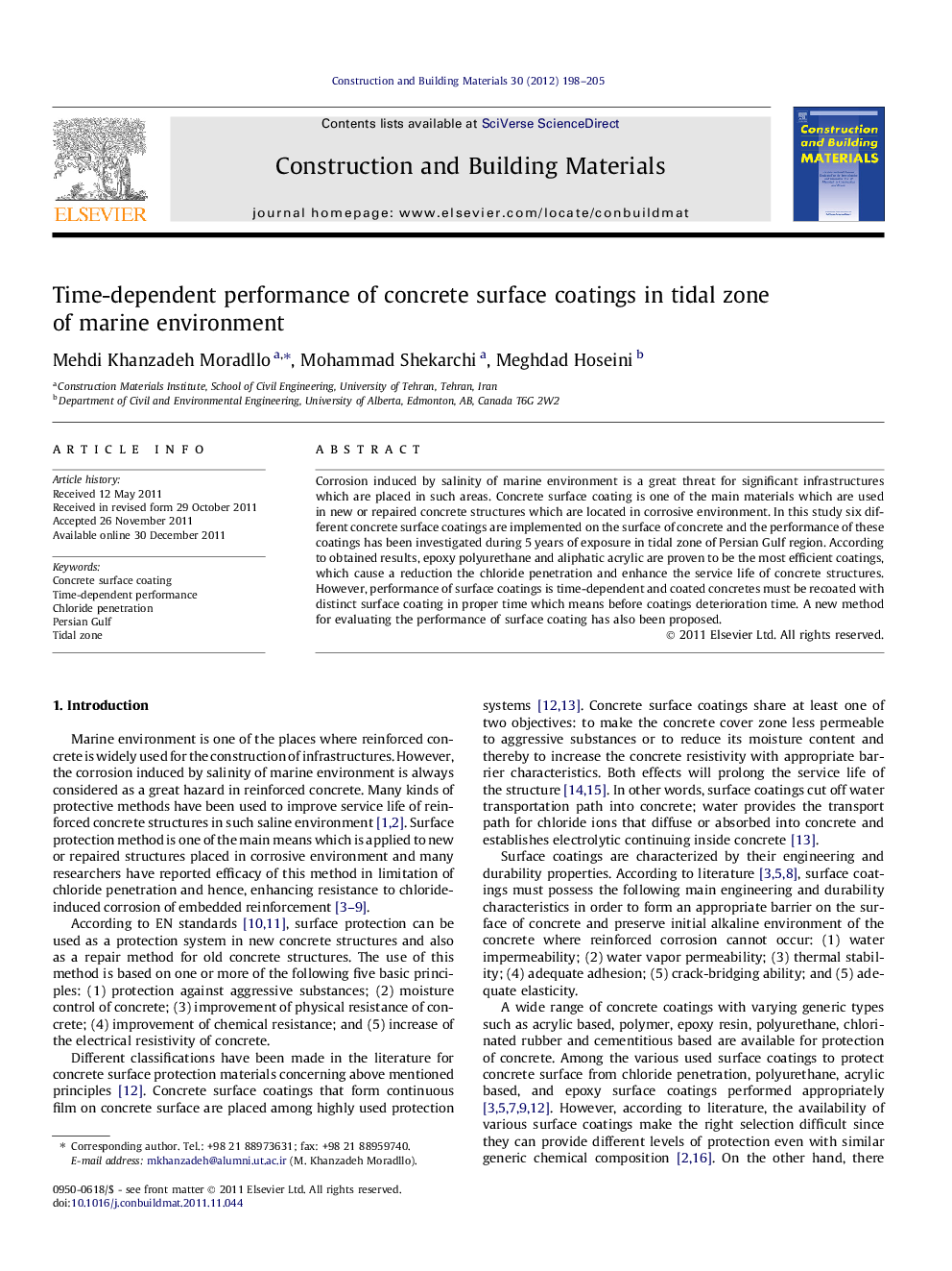 Time-dependent performance of concrete surface coatings in tidal zone of marine environment