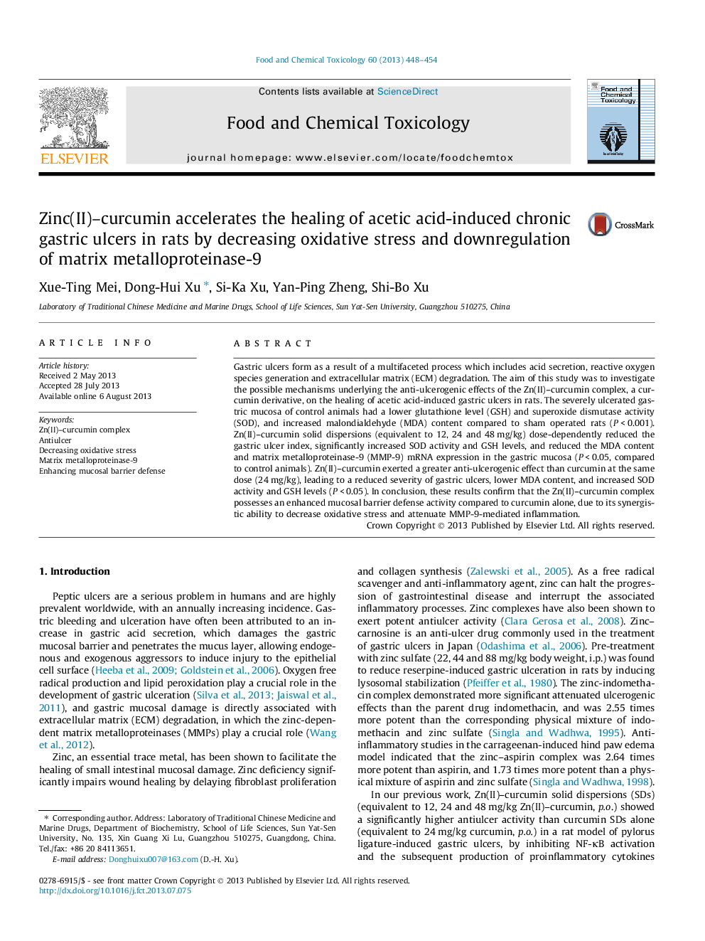 Zinc(II)–curcumin accelerates the healing of acetic acid-induced chronic gastric ulcers in rats by decreasing oxidative stress and downregulation of matrix metalloproteinase-9