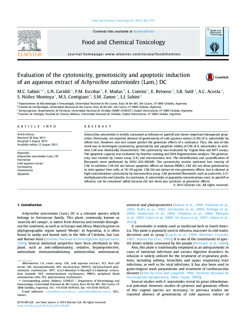 Evaluation of the cytotoxicity, genotoxicity and apoptotic induction of an aqueous extract of Achyrocline satureioides (Lam.) DC