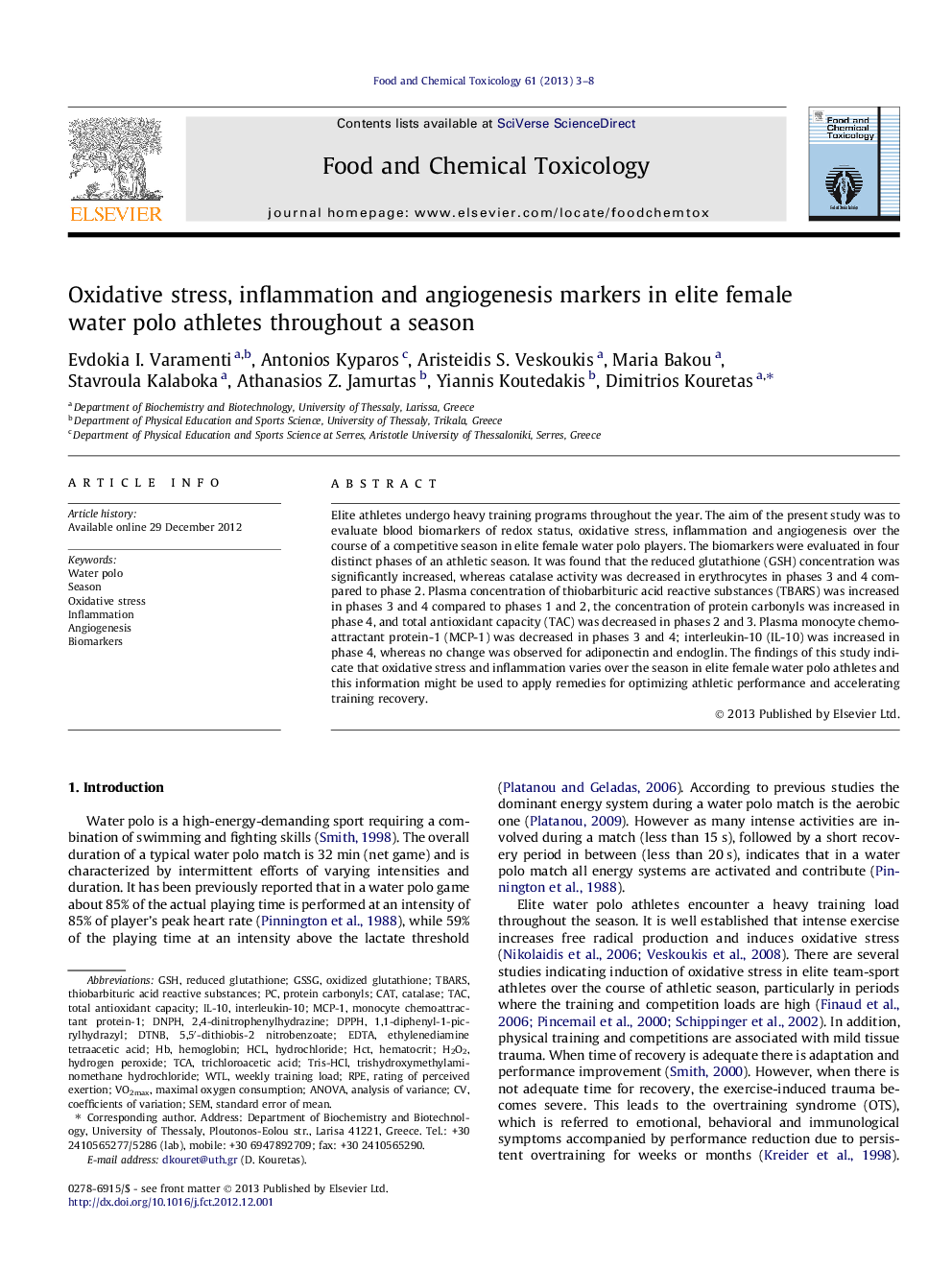 Oxidative stress, inflammation and angiogenesis markers in elite female water polo athletes throughout a season