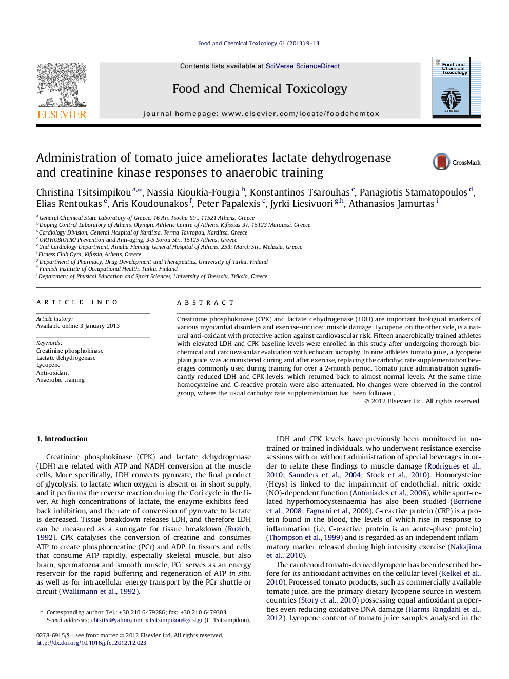 Administration of tomato juice ameliorates lactate dehydrogenase and creatinine kinase responses to anaerobic training