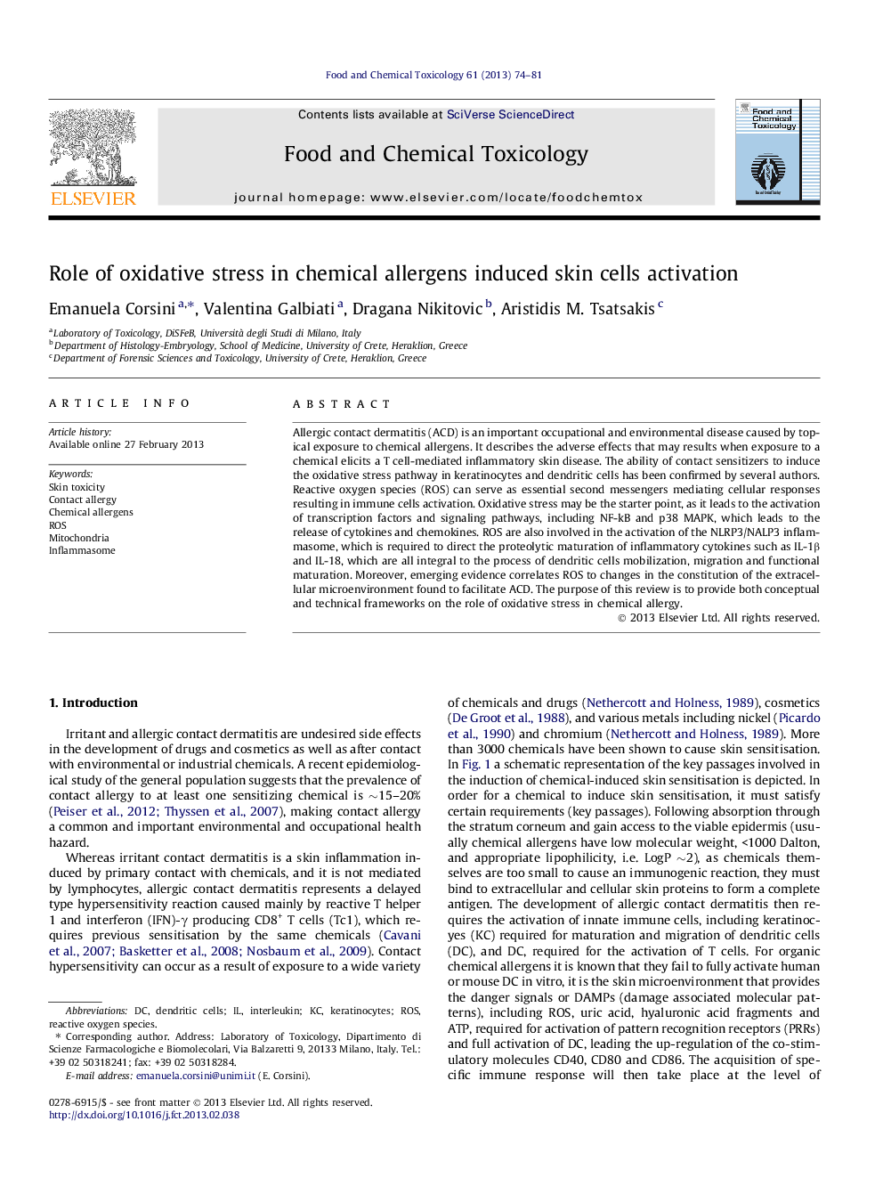 Role of oxidative stress in chemical allergens induced skin cells activation