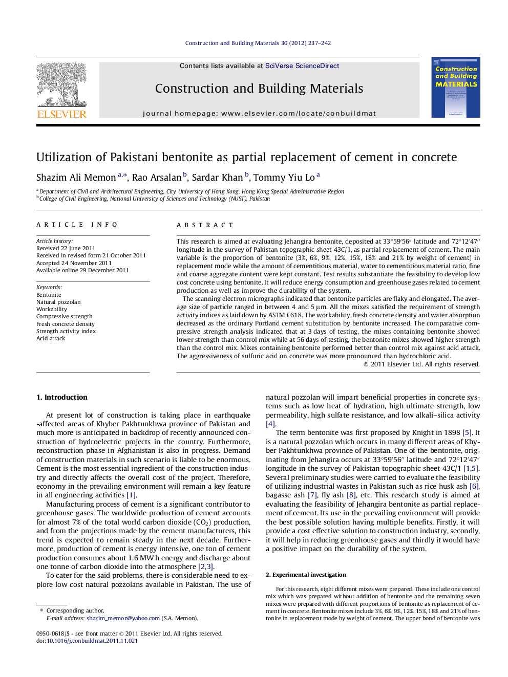 Utilization of Pakistani bentonite as partial replacement of cement in concrete