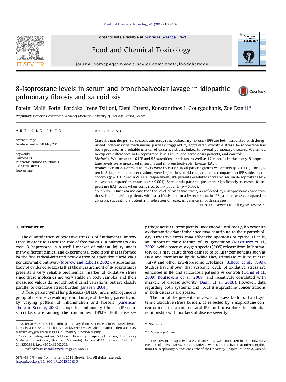 8-Isoprostane levels in serum and bronchoalveolar lavage in idiopathic pulmonary fibrosis and sarcoidosis