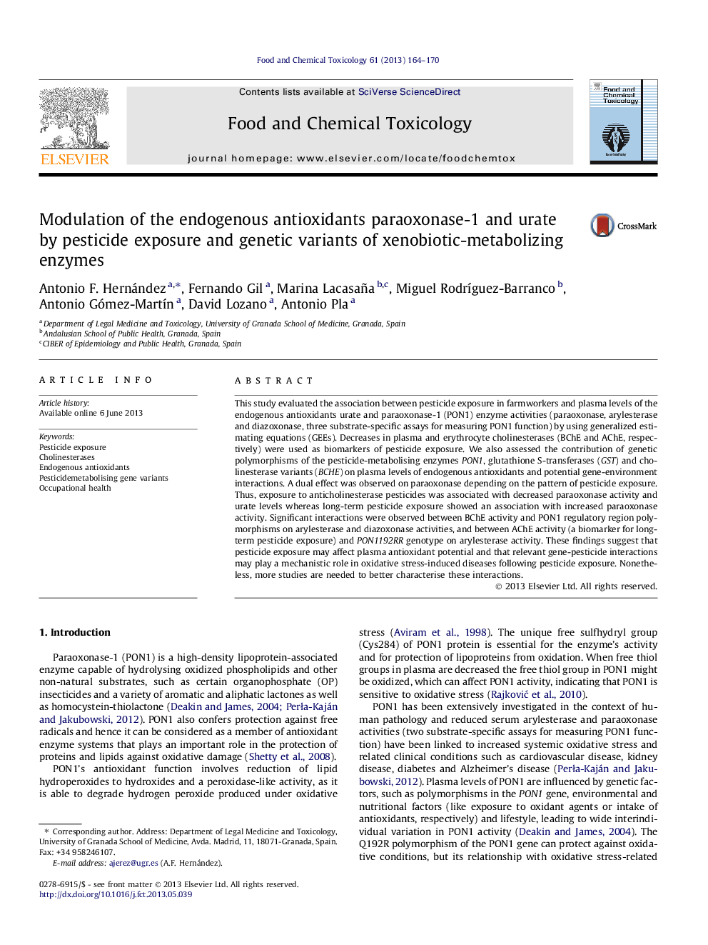 Modulation of the endogenous antioxidants paraoxonase-1 and urate by pesticide exposure and genetic variants of xenobiotic-metabolizing enzymes