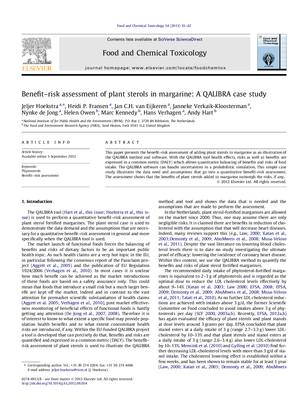 Benefit–risk assessment of plant sterols in margarine: A QALIBRA case study