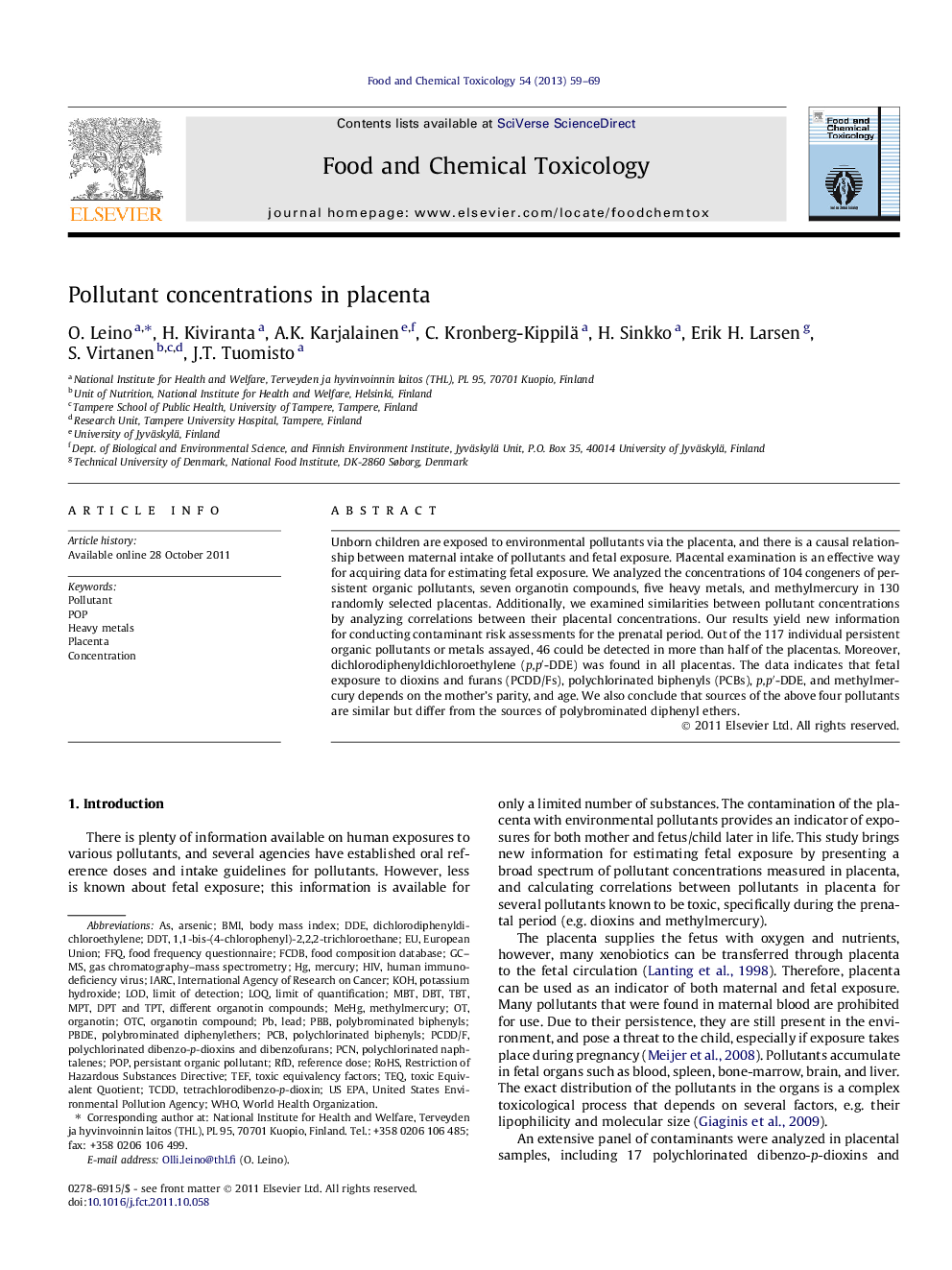 Pollutant concentrations in placenta