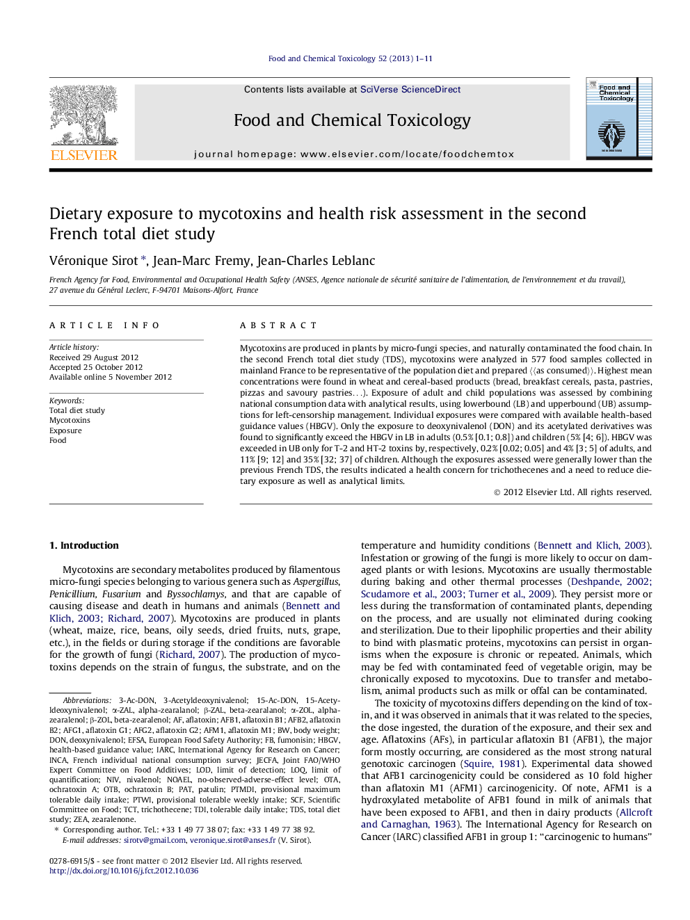 Dietary exposure to mycotoxins and health risk assessment in the second French total diet study