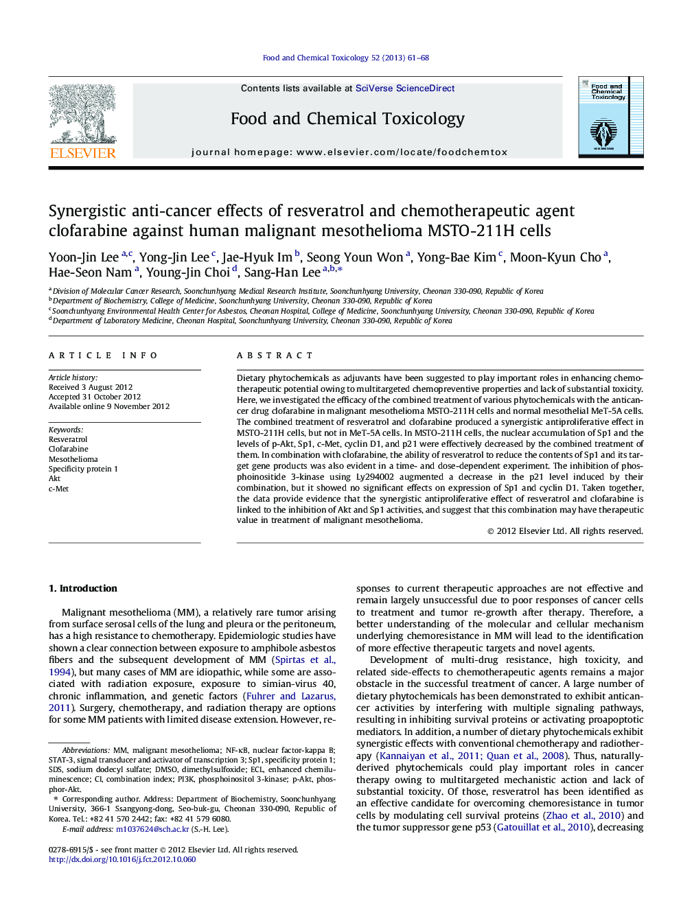 Synergistic anti-cancer effects of resveratrol and chemotherapeutic agent clofarabine against human malignant mesothelioma MSTO-211H cells