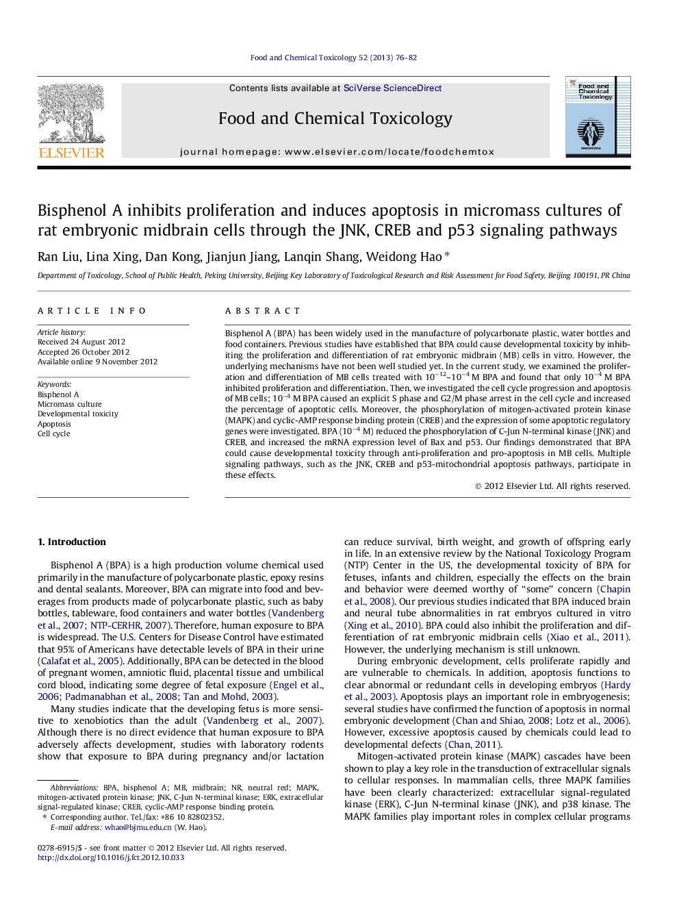 Bisphenol A inhibits proliferation and induces apoptosis in micromass cultures of rat embryonic midbrain cells through the JNK, CREB and p53 signaling pathways