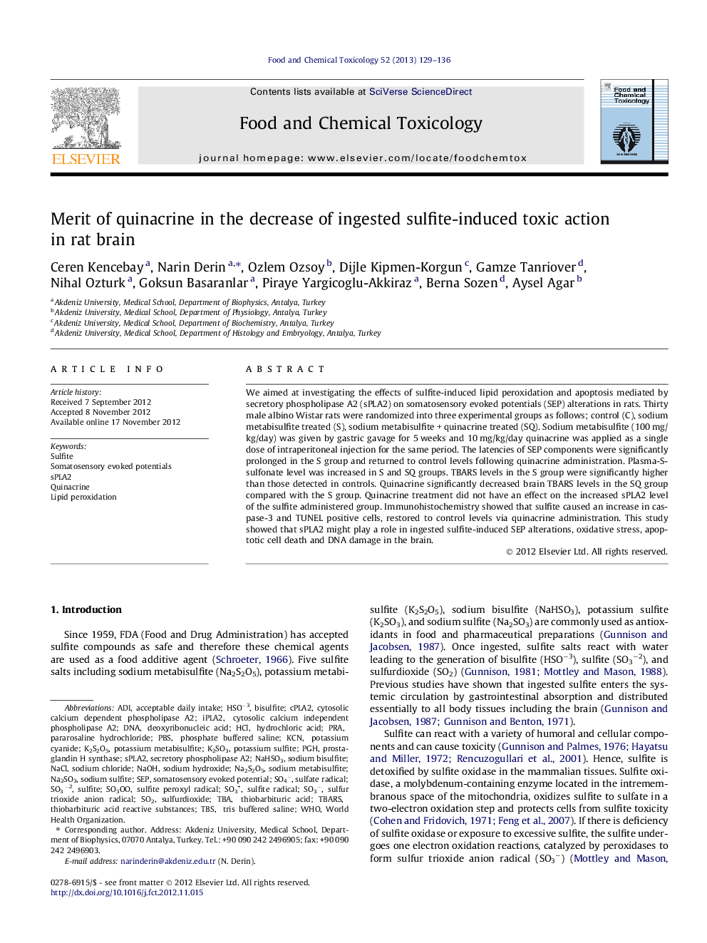 Merit of quinacrine in the decrease of ingested sulfite-induced toxic action in rat brain