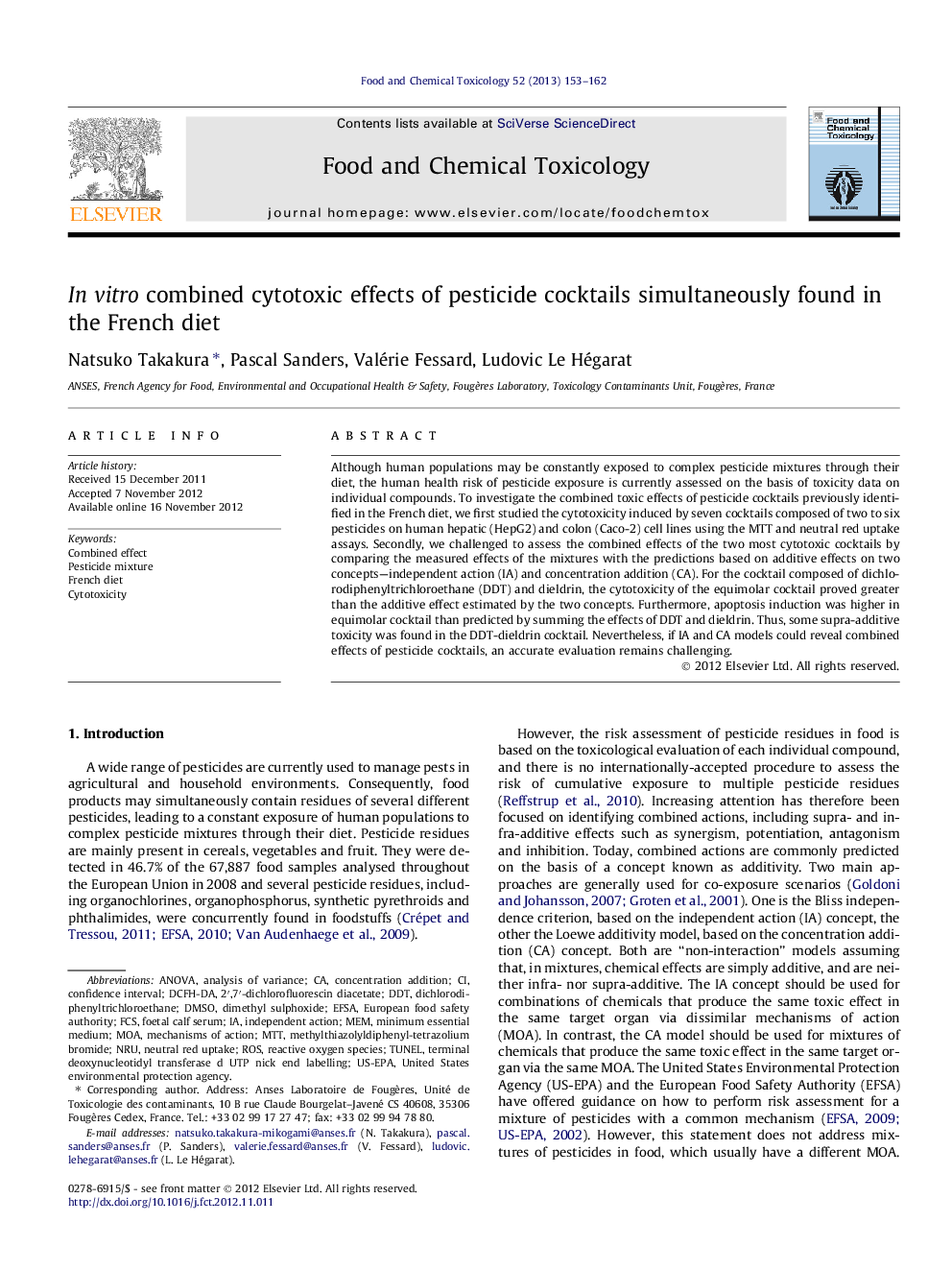 In vitro combined cytotoxic effects of pesticide cocktails simultaneously found in the French diet