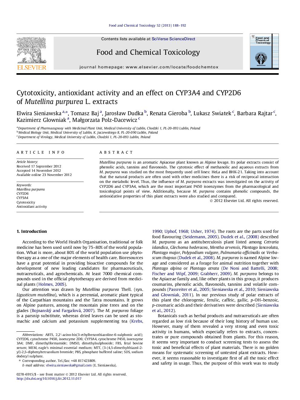 Cytotoxicity, antioxidant activity and an effect on CYP3A4 and CYP2D6 of Mutellina purpurea L. extracts