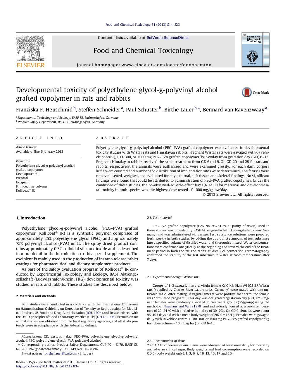 Developmental toxicity of polyethylene glycol-g-polyvinyl alcohol grafted copolymer in rats and rabbits