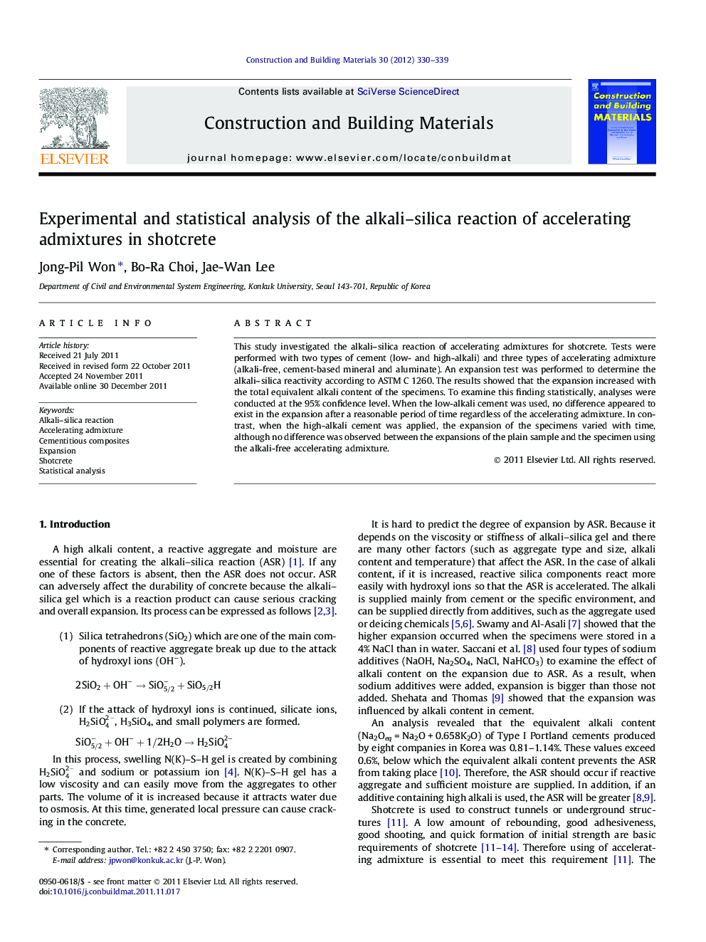 Experimental and statistical analysis of the alkali–silica reaction of accelerating admixtures in shotcrete