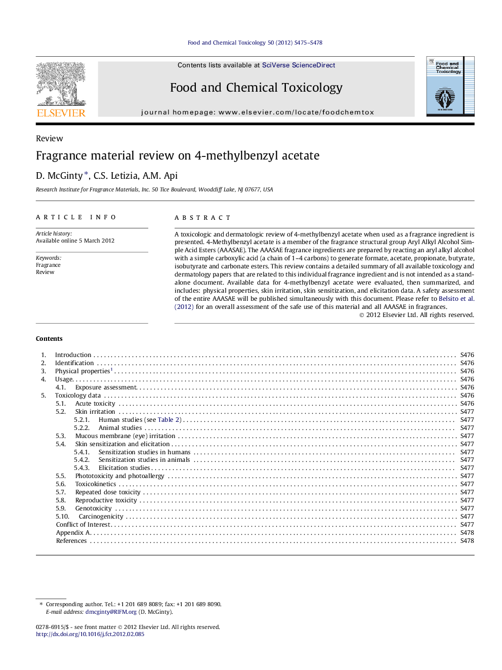 Fragrance material review on 4-methylbenzyl acetate