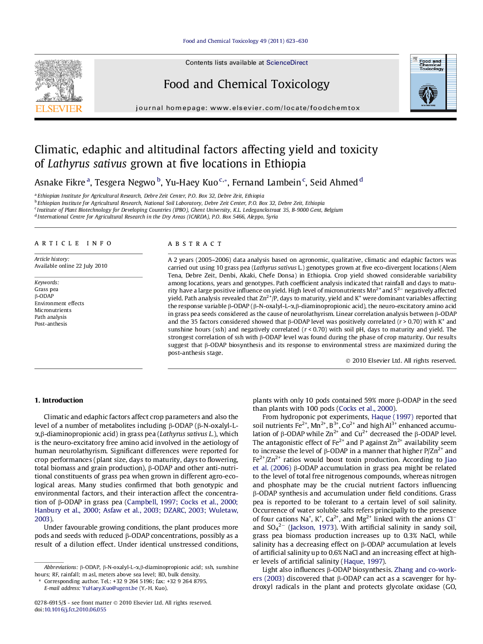 Climatic, edaphic and altitudinal factors affecting yield and toxicity of Lathyrus sativus grown at five locations in Ethiopia