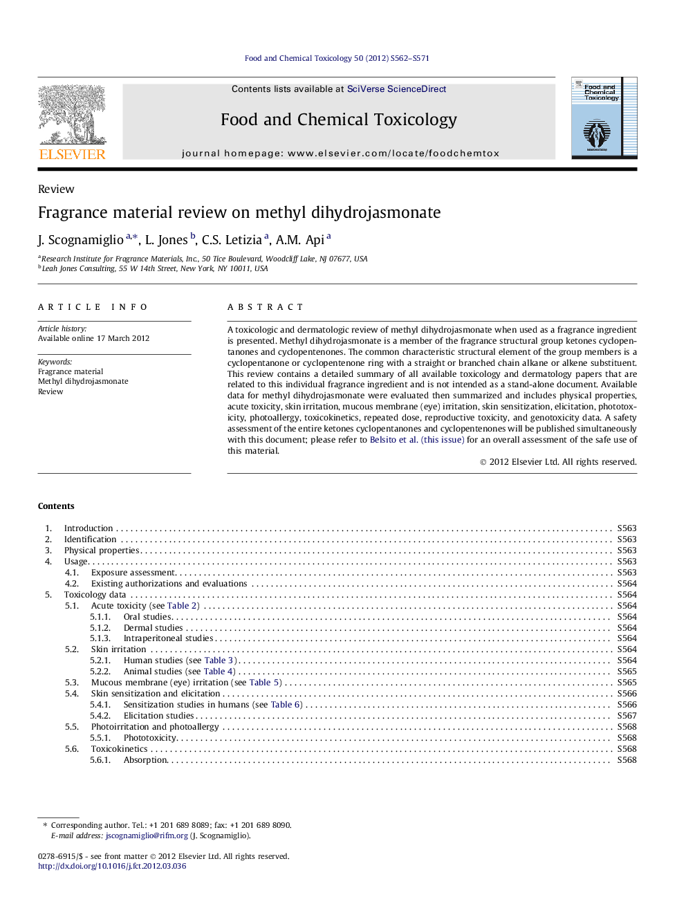 Fragrance material review on methyl dihydrojasmonate