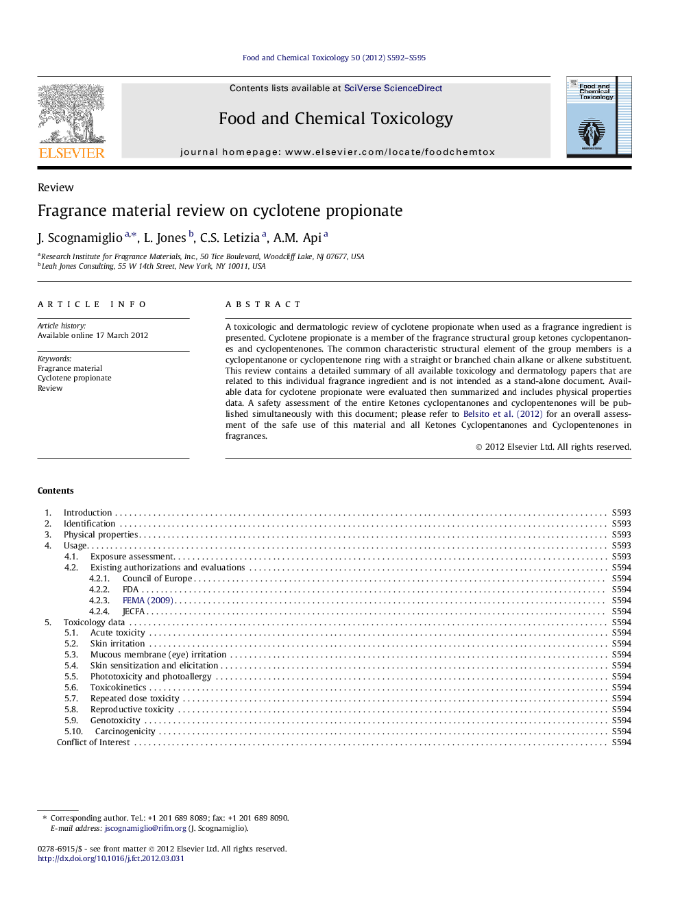 Fragrance material review on cyclotene propionate