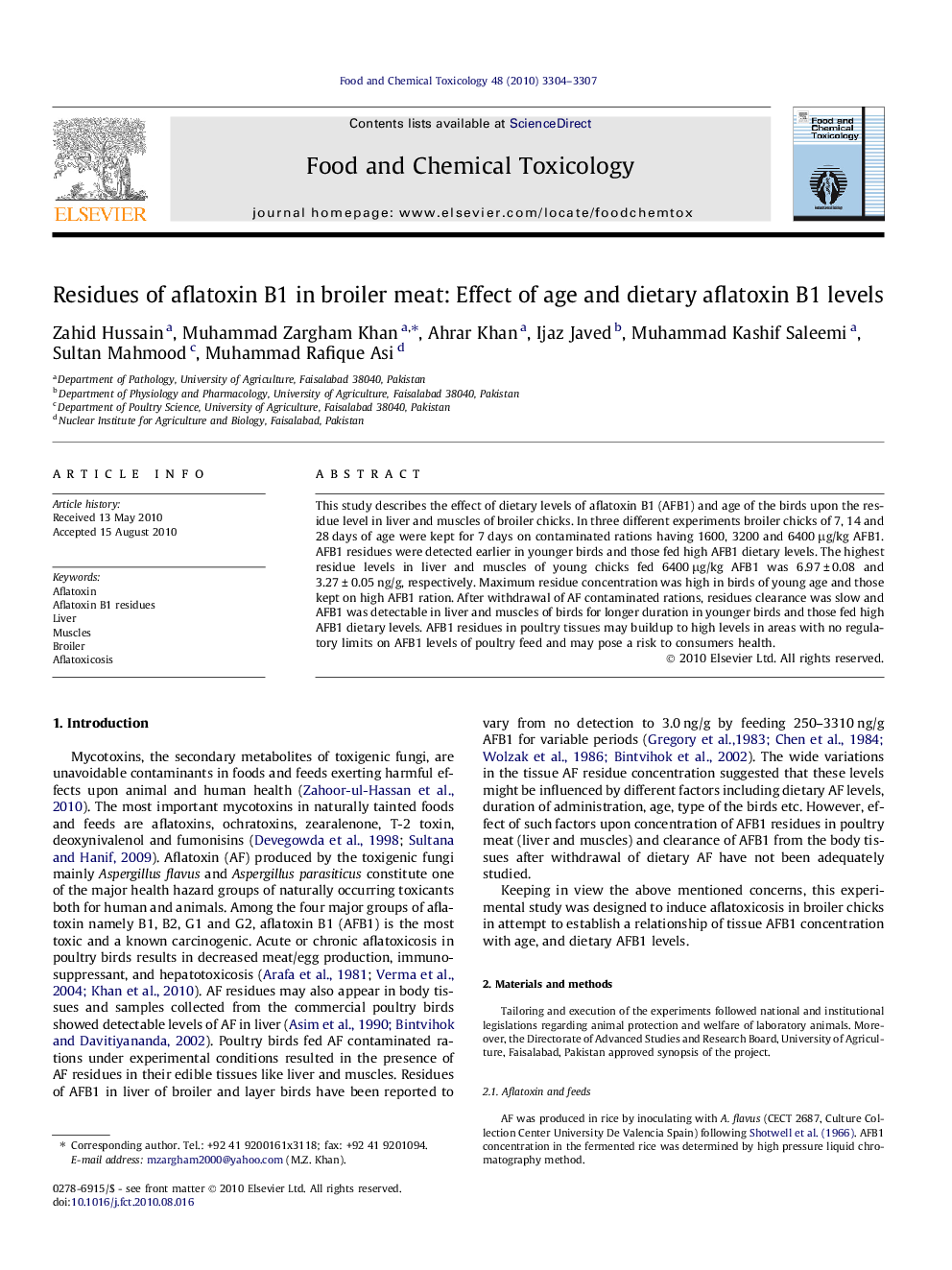 Residues of aflatoxin B1 in broiler meat: Effect of age and dietary aflatoxin B1 levels