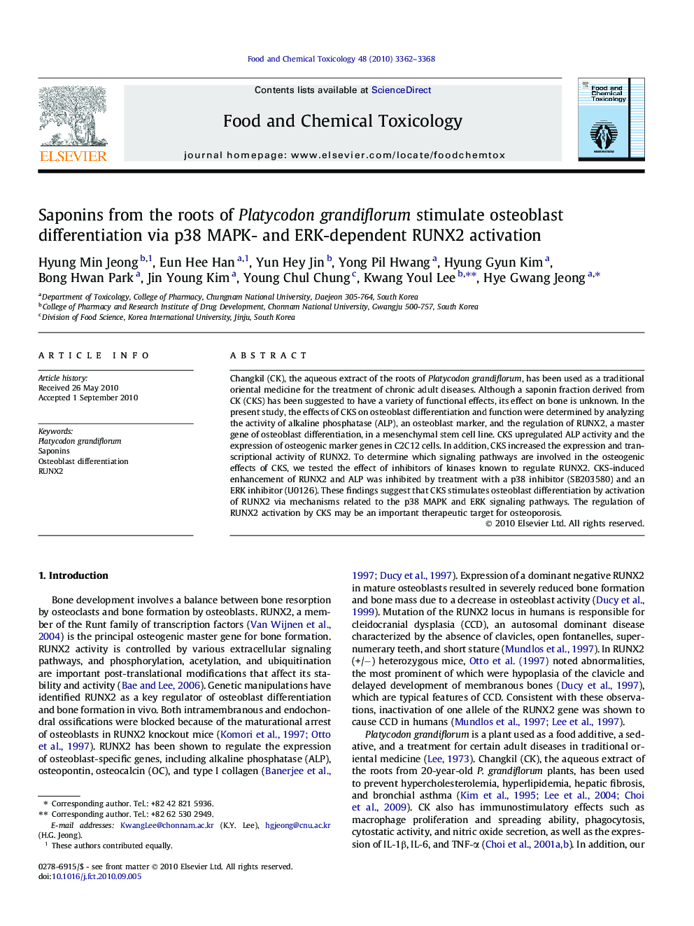 Saponins from the roots of Platycodon grandiflorum stimulate osteoblast differentiation via p38 MAPK- and ERK-dependent RUNX2 activation