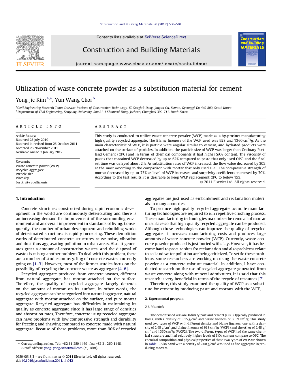 Utilization of waste concrete powder as a substitution material for cement