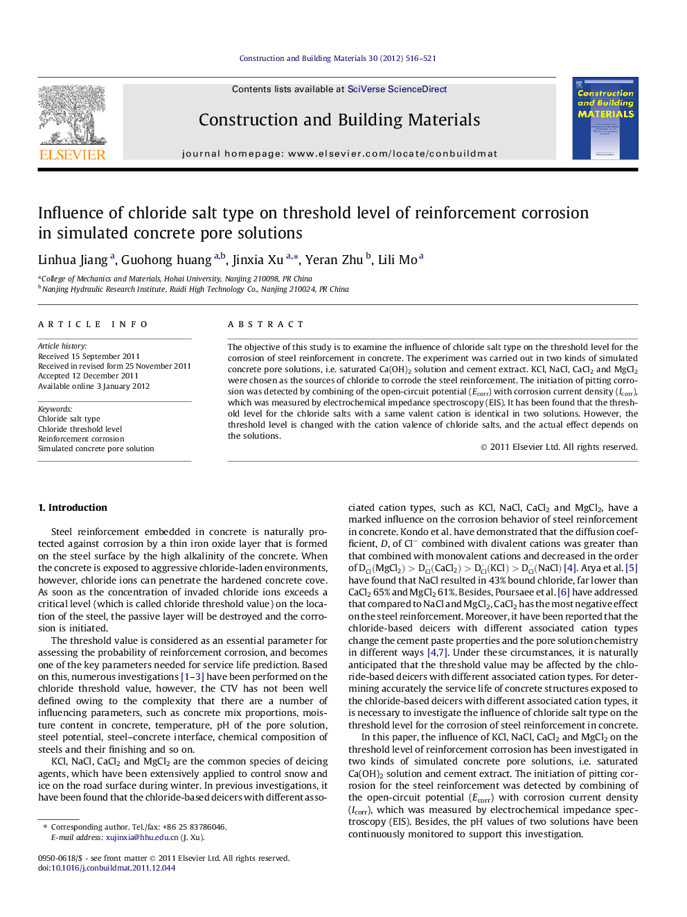 Influence of chloride salt type on threshold level of reinforcement corrosion in simulated concrete pore solutions