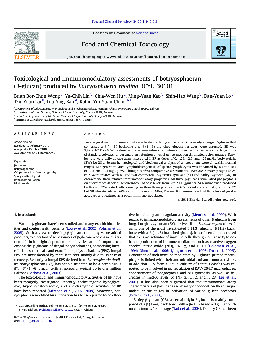 Toxicological and immunomodulatory assessments of botryosphaeran (β-glucan) produced by Botryosphaeria rhodina RCYU 30101