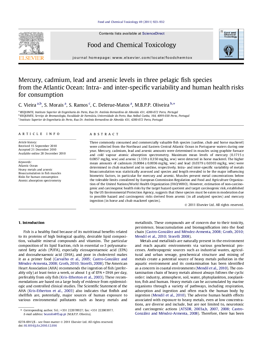 Mercury, cadmium, lead and arsenic levels in three pelagic fish species from the Atlantic Ocean: Intra- and inter-specific variability and human health risks for consumption