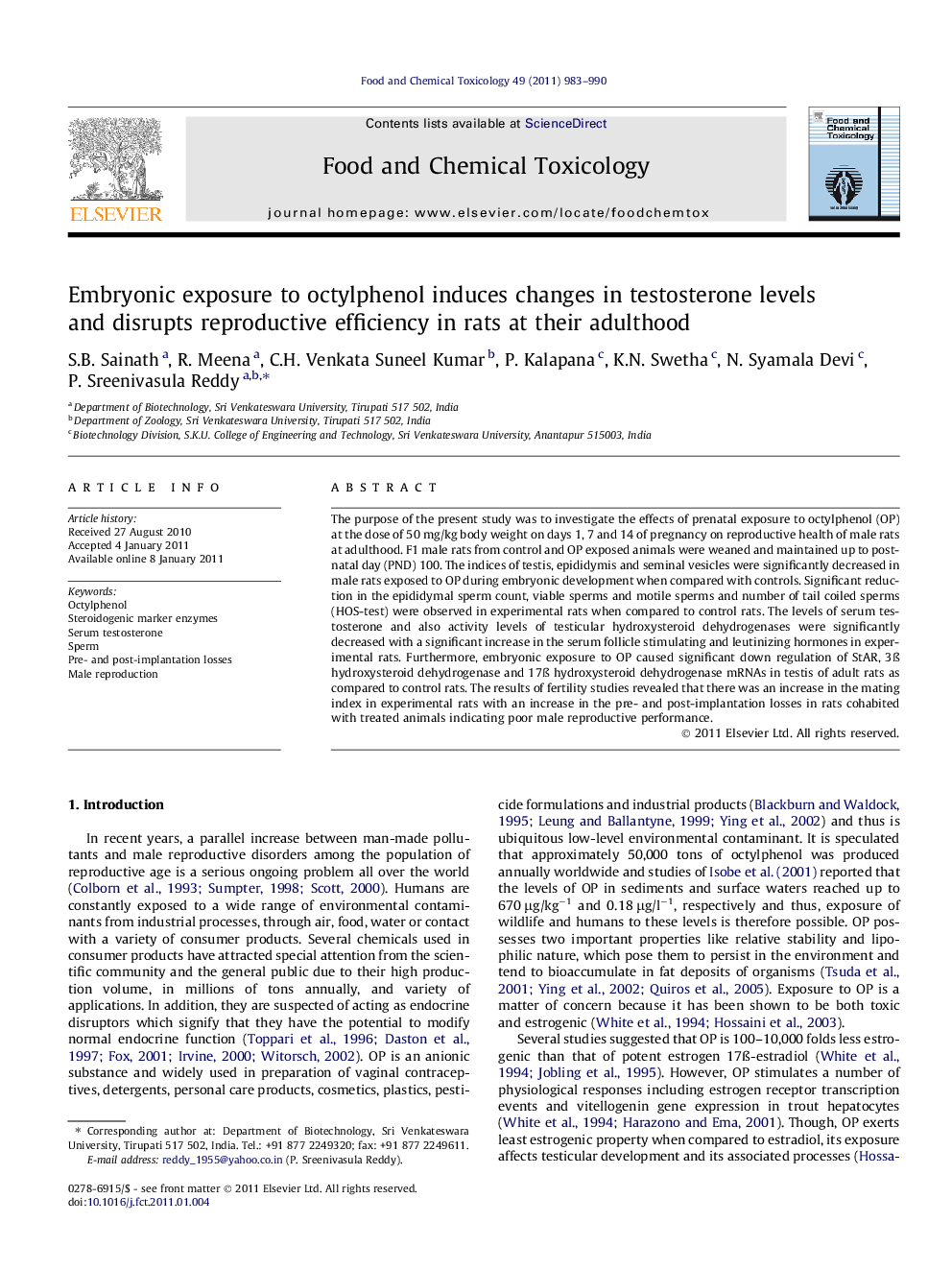 Embryonic exposure to octylphenol induces changes in testosterone levels and disrupts reproductive efficiency in rats at their adulthood