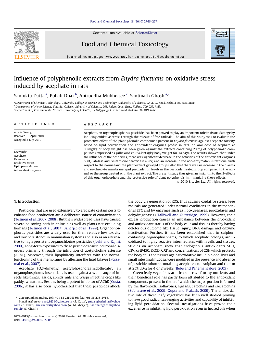 Influence of polyphenolic extracts from Enydra fluctuans on oxidative stress induced by acephate in rats