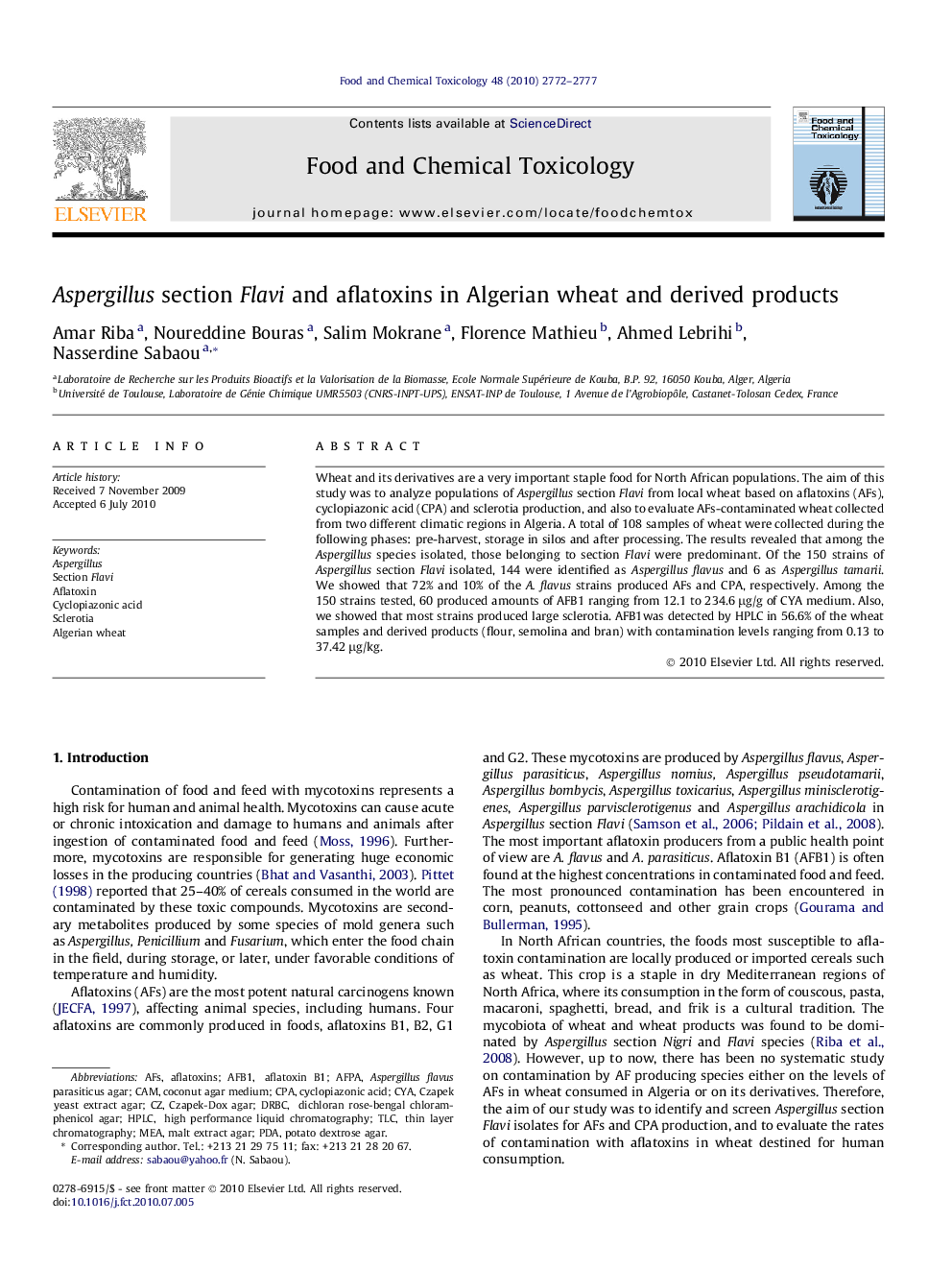 Aspergillus section Flavi and aflatoxins in Algerian wheat and derived products