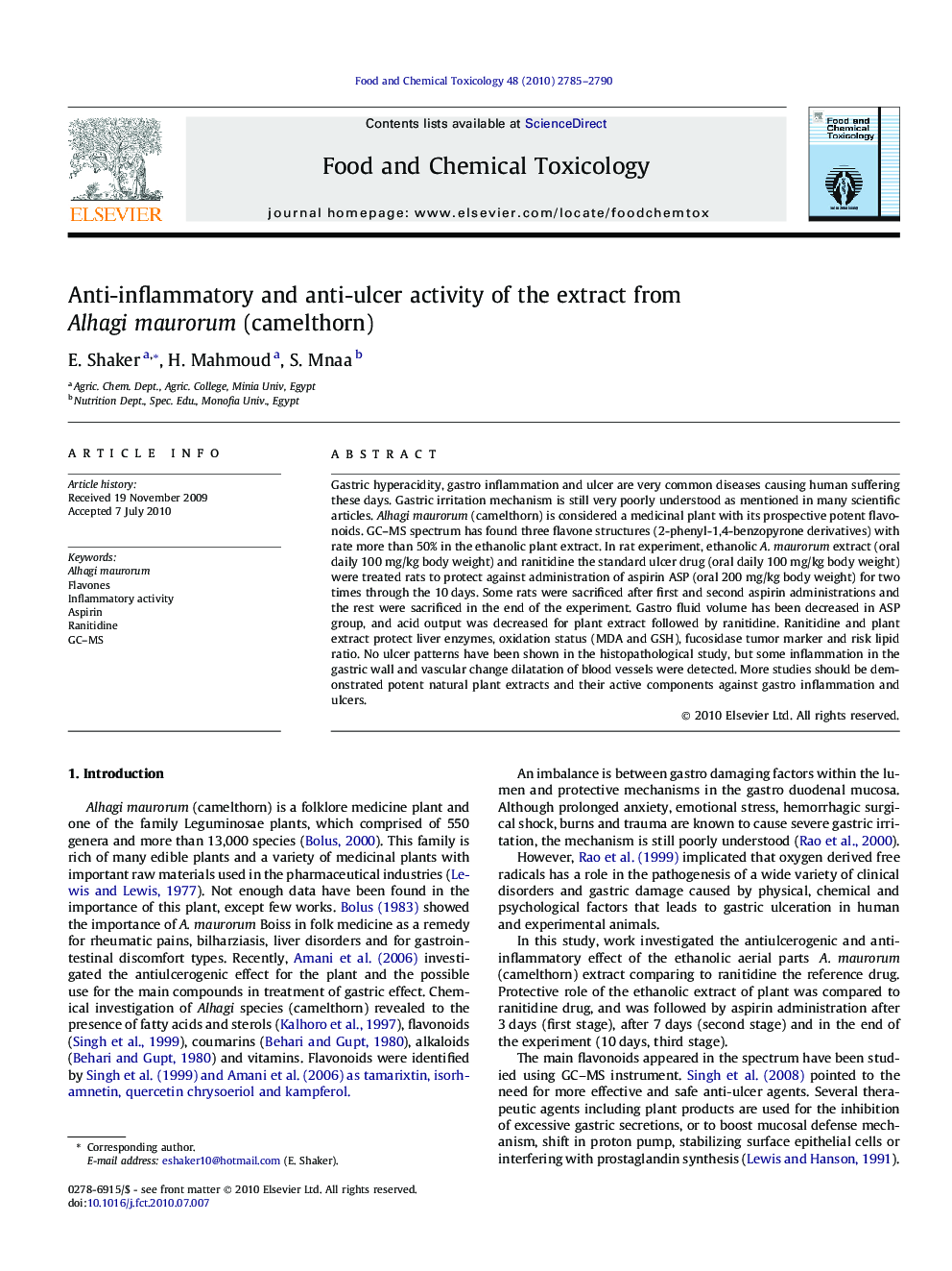 عکس صفحه اول مقاله: Anti-inflammatory and anti-ulcer activity of the extract from Alhagi maurorum (camelthorn) Anti-inflammatory and anti-ulcer activity of the extract from Alhagi maurorum (camelthorn)