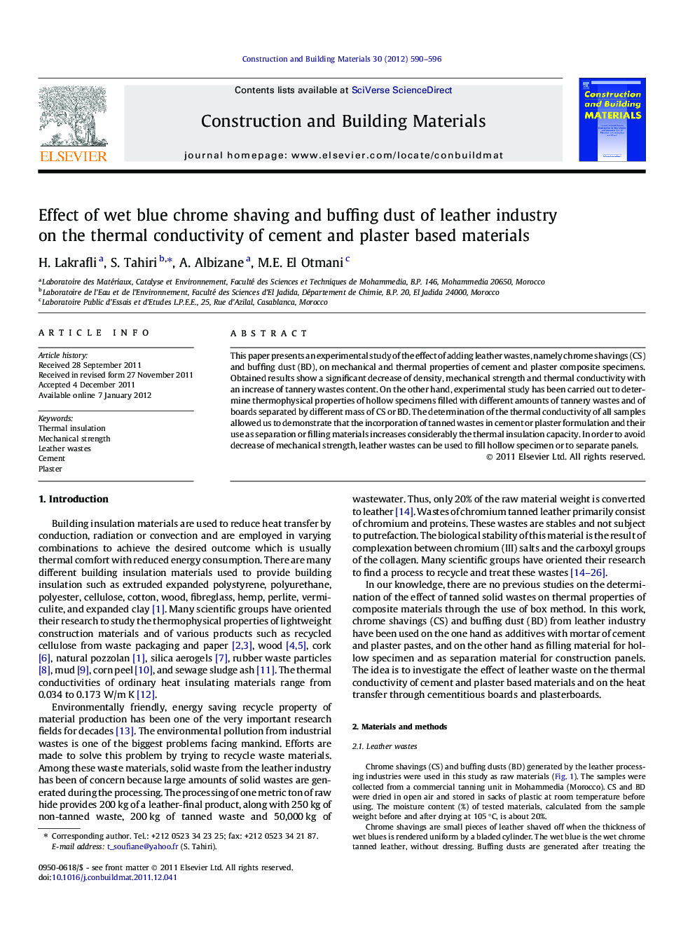 Effect of wet blue chrome shaving and buffing dust of leather industry on the thermal conductivity of cement and plaster based materials