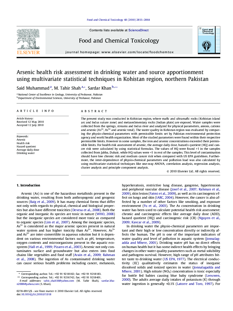 Arsenic health risk assessment in drinking water and source apportionment using multivariate statistical techniques in Kohistan region, northern Pakistan