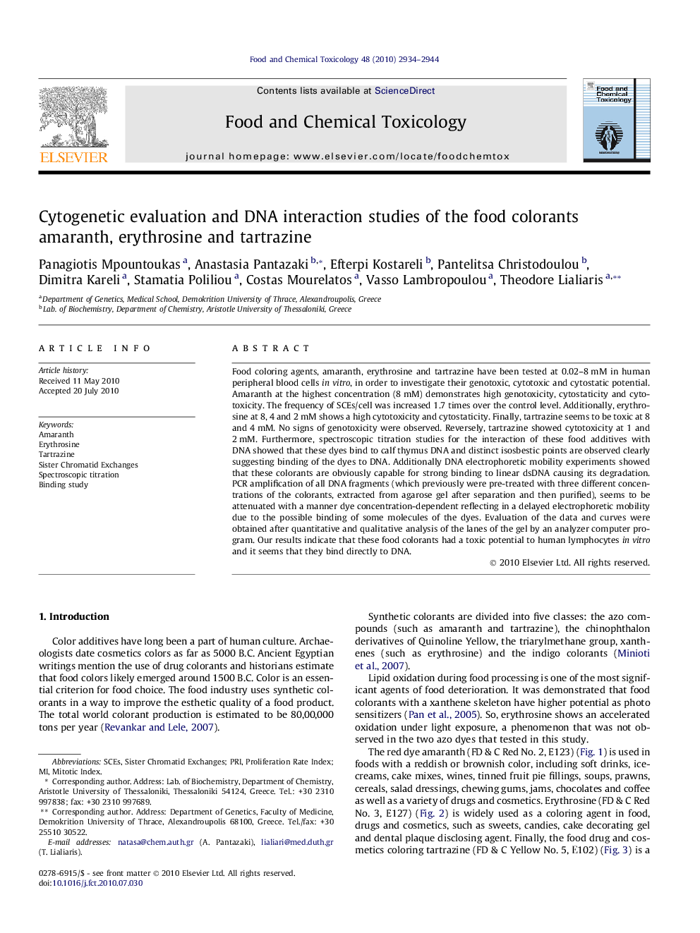 Cytogenetic evaluation and DNA interaction studies of the food colorants amaranth, erythrosine and tartrazine