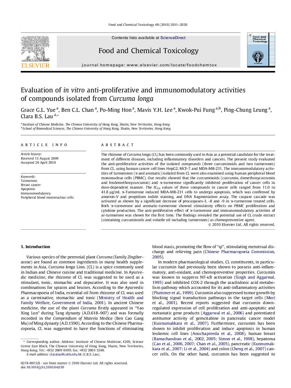 Evaluation of in vitro anti-proliferative and immunomodulatory activities of compounds isolated from Curcuma longa